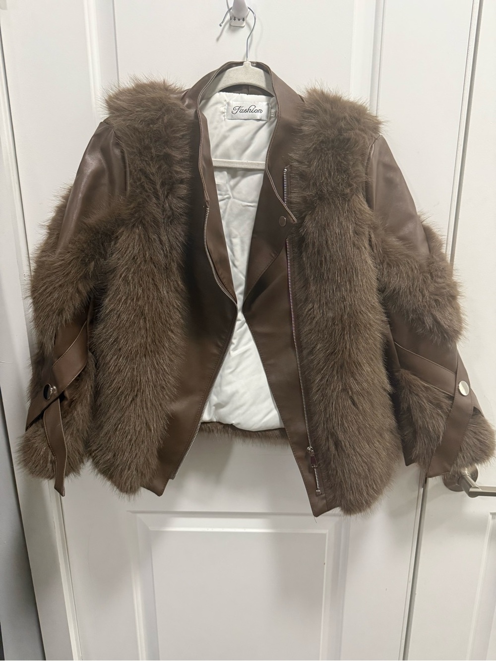 Brown Faux Fur Trim Leather Jacket - Women